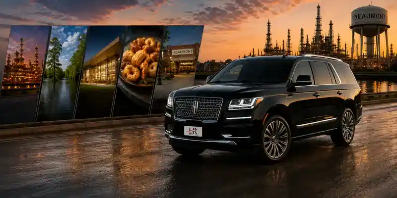 Lincoln Navigator luxury transportation in Beaumont, Texas, highlighting business travel, outdoor destinations, events, local dining, shopping, and private chauffeur service with Lavish Ride branding.